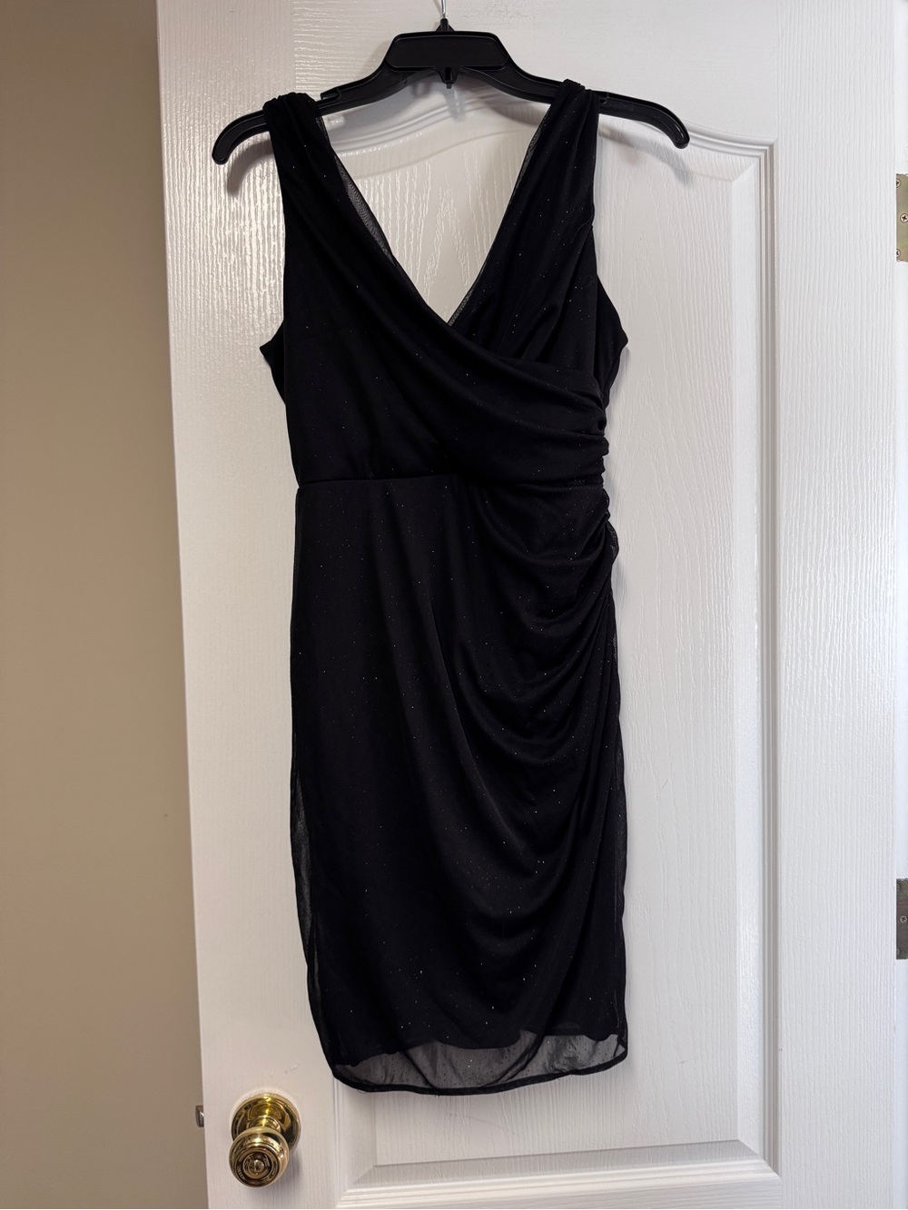 Black Sparkle Sleeveless Midi Dress with Draped Side Detail